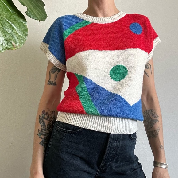 Vintage Sweaters - Vintage Geometric Short-Sleeve Sweater